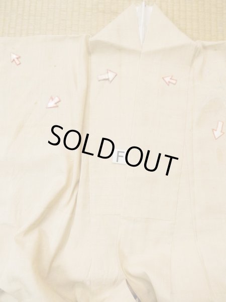 Photo22: L0511G Used Japanese women  Beige HOUMONGI formal / Unkoown. Tall grass, dragofly motif, there are several loose and rips. The material is tingling like wool and hemp to touch.  (Grade D) (22)