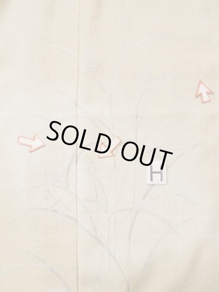 Photo24: L0511G Used Japanese women  Beige HOUMONGI formal / Unkoown. Tall grass, dragofly motif, there are several loose and rips. The material is tingling like wool and hemp to touch.  (Grade D) (24)