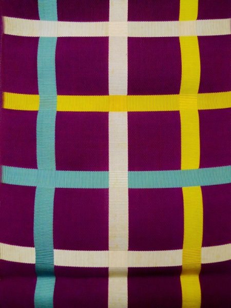 Photo3: L0518F Vintage Japanese Kimono Vivid Reddish Purple FUKURO NAGOYA Obi Plaid Checks Linen. (3)
