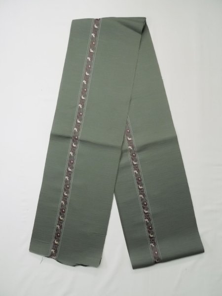 Photo1: L0518J Vintage Japanese Kimono Pale Grayish Green FUKURO NAGOYA Obi Flower Silk. (1)
