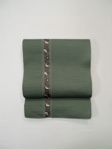 Photo2: L0518J Vintage Japanese Kimono Pale Grayish Green FUKURO NAGOYA Obi Flower Silk. (2)