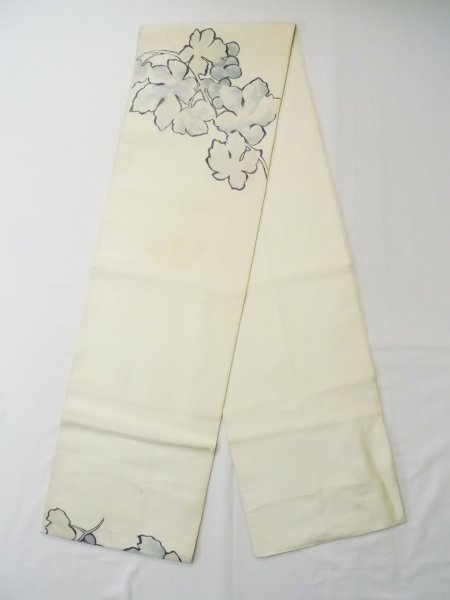Photo1: L0518N Vintage Japanese Kimono   Off White FUKURO OBI sash Leaf Silk. (1)