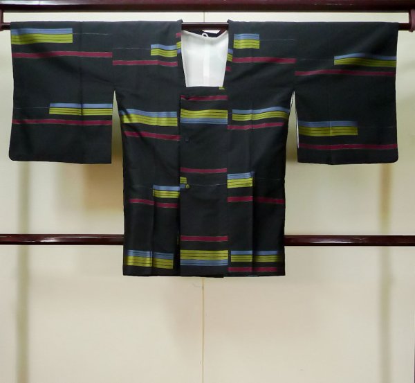 Photo1: L0519H Used Japanese women  Black MICHIYUKI outer coat / Silk. Stripes,   (Grade B) (1)