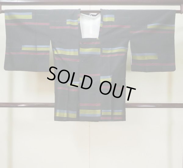 Photo1: L0519H Used Japanese women  Black MICHIYUKI outer coat / Silk. Stripes,   (Grade B) (1)