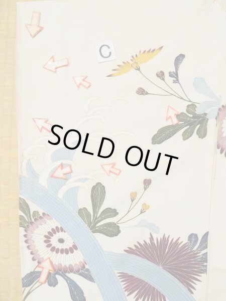 Photo21: L0519J Used Japanese women  Off White HOUMONGI formal / Silk. Flower, waterfall motif  (Grade C) (21)