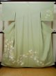 Photo1: L0519K Used Japanese womenPale Grayish Yellowish Green HOUMONGI formal / Silk. Ivy, There is a family crest at right side. "Matsuzakaya"  (Grade C) (1)