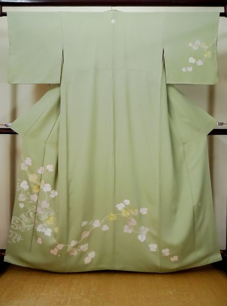 Photo1: L0519K Used Japanese womenPale Grayish Yellowish Green HOUMONGI formal / Silk. Ivy, There is a family crest at right side. "Matsuzakaya"  (Grade C) (1)