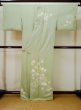 Photo3: L0519K Used Japanese womenPale Grayish Yellowish Green HOUMONGI formal / Silk. Ivy, There is a family crest at right side. "Matsuzakaya"  (Grade C) (3)