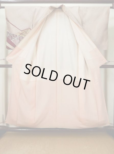 Photo2: L0519P Used Japanese women  Dark Red HOUMONGI formal / Silk. Chrysanthemum,   (Grade D) (2)