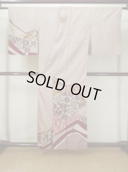 Photo3: L0519P Used Japanese women  Dark Red HOUMONGI formal / Silk. Chrysanthemum,   (Grade D) (3)