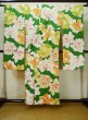 Photo4: L0519S Used Japanese women  Green FURISODE long-sleeved / Silk. Peony,   (Grade C) (4)