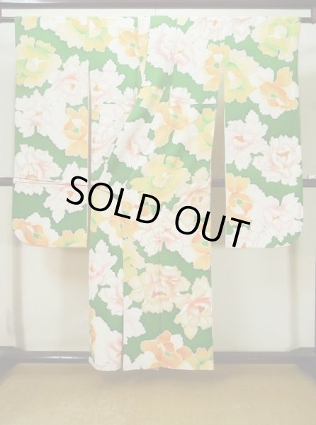 Photo4: L0519S Used Japanese women  Green FURISODE long-sleeved / Silk. Peony,   (Grade C) (4)