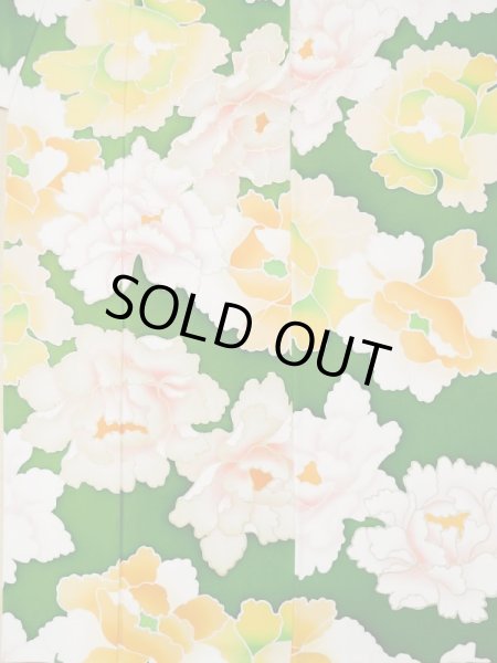 Photo5: L0519S Used Japanese women  Green FURISODE long-sleeved / Silk. Peony,   (Grade C) (5)