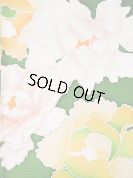 Photo6: L0519S Used Japanese women  Green FURISODE long-sleeved / Silk. Peony,   (Grade C) (6)