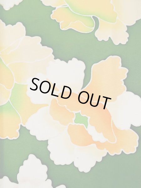 Photo7: L0519S Used Japanese women  Green FURISODE long-sleeved / Silk. Peony,   (Grade C) (7)