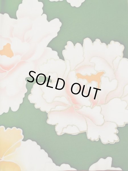 Photo8: L0519S Used Japanese women  Green FURISODE long-sleeved / Silk. Peony,   (Grade C) (8)