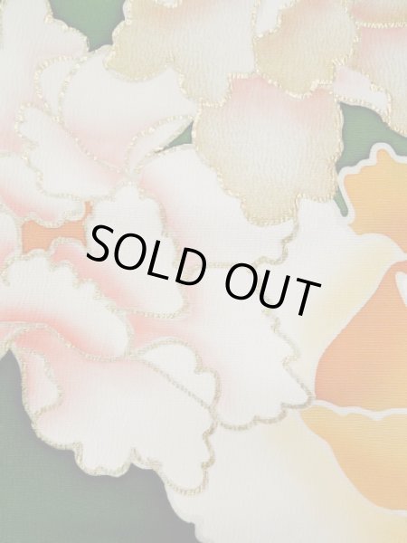 Photo10: L0519S Used Japanese women  Green FURISODE long-sleeved / Silk. Peony,   (Grade C) (10)