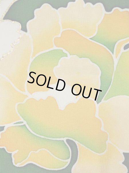 Photo11: L0519S Used Japanese women  Green FURISODE long-sleeved / Silk. Peony,   (Grade C) (11)