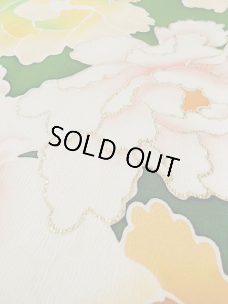 Photo13: L0519S Used Japanese women  Green FURISODE long-sleeved / Silk. Peony,   (Grade C) (13)