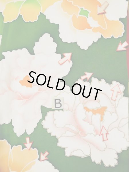 Photo18: L0519S Used Japanese women  Green FURISODE long-sleeved / Silk. Peony,   (Grade C) (18)