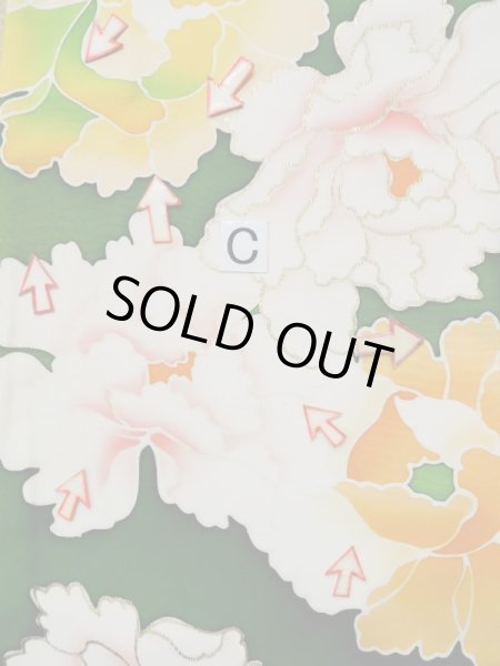 Photo19: L0519S Used Japanese women  Green FURISODE long-sleeved / Silk. Peony,   (Grade C) (19)