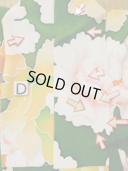 Photo20: L0519S Used Japanese women  Green FURISODE long-sleeved / Silk. Peony,   (Grade C) (20)