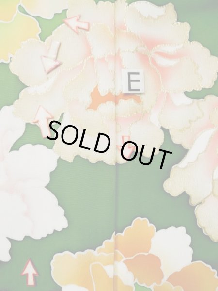 Photo21: L0519S Used Japanese women  Green FURISODE long-sleeved / Silk. Peony,   (Grade C) (21)