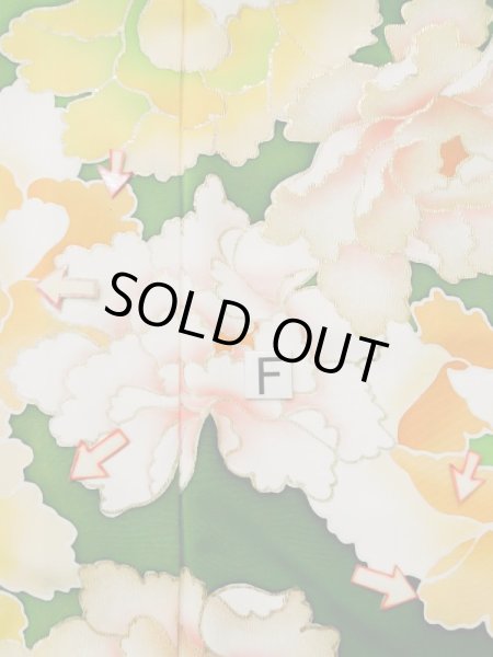 Photo22: L0519S Used Japanese women  Green FURISODE long-sleeved / Silk. Peony,   (Grade C) (22)