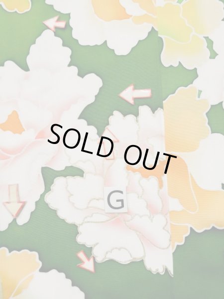 Photo23: L0519S Used Japanese women  Green FURISODE long-sleeved / Silk. Peony,   (Grade C) (23)