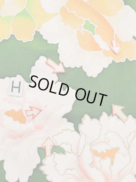 Photo24: L0519S Used Japanese women  Green FURISODE long-sleeved / Silk. Peony,   (Grade C) (24)