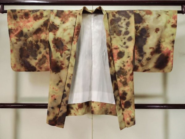 Photo1: L0526L Used Japanese womenGrayish  Yellow HAORI short jacket / Mixed. Abstract pattern Material: mix of wool and synthetic  (Grade D) (1)