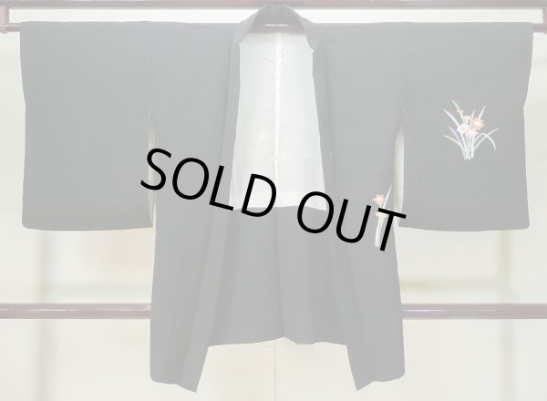 Photo1: L0616P Used Japanese women  Black HAORI short jacket / Silk. KIKYO Japanese balloonflower   (Grade B) (1)