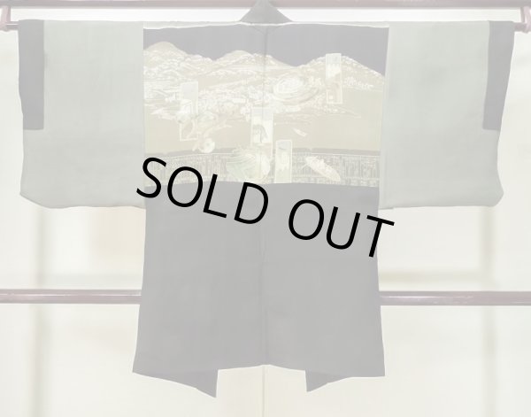 Photo3: L0616U Used Japanese men  Black HAORI short jacket / Silk.    (Grade B) (3)