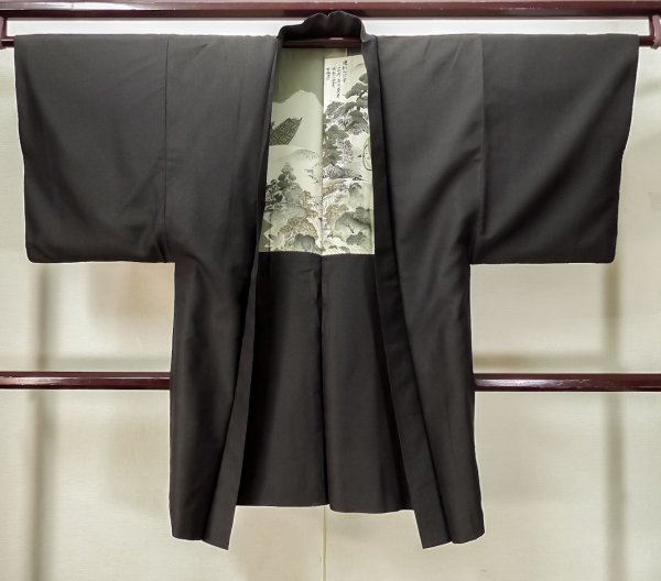 Photo1: L0616W Used Japanese men Brownish Black HAORI short jacket / Silk.    (Grade C) (1)