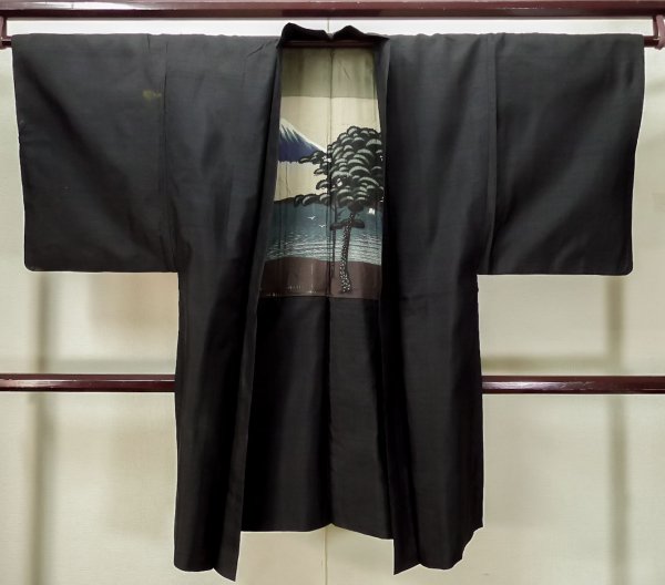 Photo1: L0616X Used Japanese men  Black HAORI short jacket / Silk.    (Grade D) (1)