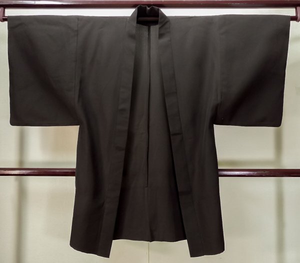 Photo1: L0616Y Used Japanese men  Black HAORI short jacket / Silk.    (Grade C) (1)