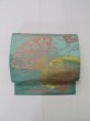 Photo2: L0706B Vintage Japanese Kimono Pale Bluish Teal NAGOYA OBI sash Peony Silk. (Grade C) (2)