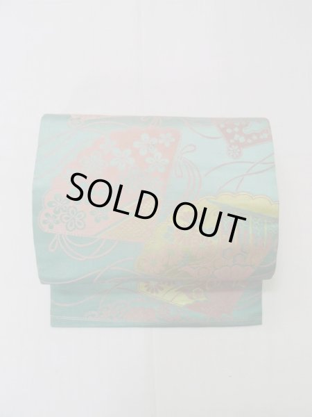 Photo2: L0706B Vintage Japanese Kimono Pale Bluish Teal NAGOYA OBI sash Peony Silk. (Grade C) (2)