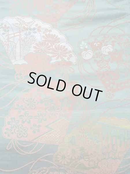 Photo3: L0706B Vintage Japanese Kimono Pale Bluish Teal NAGOYA OBI sash Peony Silk. (Grade C) (3)