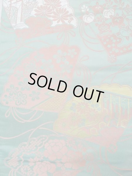 Photo4: L0706B Vintage Japanese Kimono Pale Bluish Teal NAGOYA OBI sash Peony Silk. (Grade C) (4)