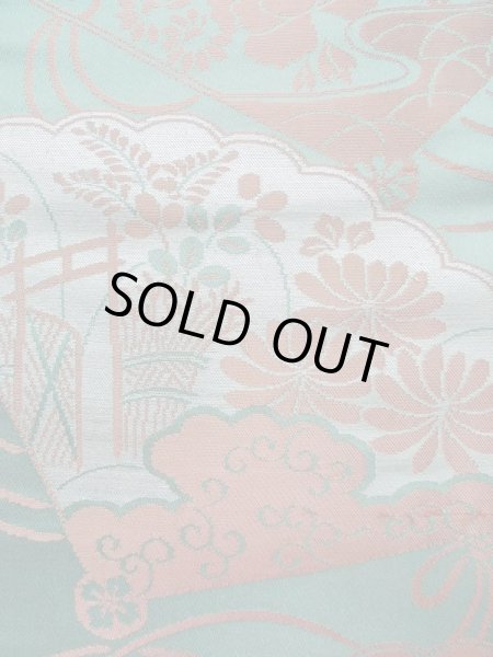 Photo5: L0706B Vintage Japanese Kimono Pale Bluish Teal NAGOYA OBI sash Peony Silk. (Grade C) (5)
