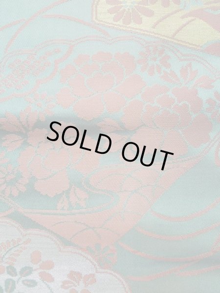 Photo6: L0706B Vintage Japanese Kimono Pale Bluish Teal NAGOYA OBI sash Peony Silk. (Grade C) (6)