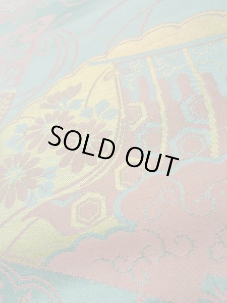 Photo7: L0706B Vintage Japanese Kimono Pale Bluish Teal NAGOYA OBI sash Peony Silk. (Grade C) (7)