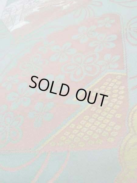 Photo8: L0706B Vintage Japanese Kimono Pale Bluish Teal NAGOYA OBI sash Peony Silk. (Grade C) (8)