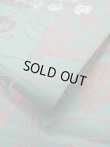 Photo10: L0706B Vintage Japanese Kimono Pale Bluish Teal NAGOYA OBI sash Peony Silk. (Grade C) (10)