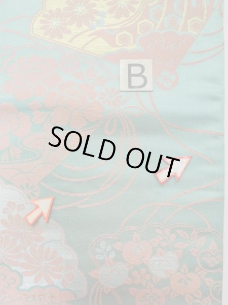 Photo12: L0706B Vintage Japanese Kimono Pale Bluish Teal NAGOYA OBI sash Peony Silk. (Grade C) (12)