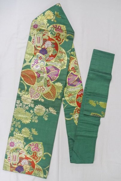 Photo1: L0706D Vintage Japanese Kimono  Pale Green NAGOYA OBI sash Flower Silk. (Grade C) (1)