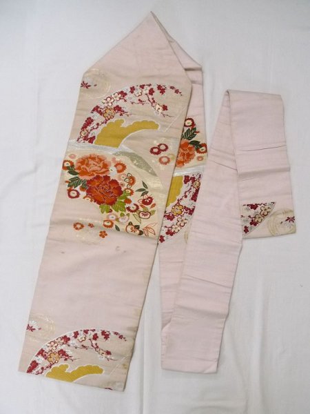 Photo1: L0706G Vintage Japanese Kimono Pale Light Pink NAGOYA OBI sash Flower circle Silk. (Grade D) (1)