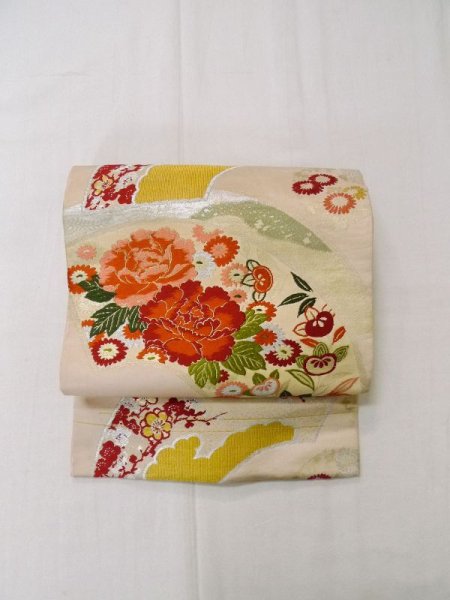 Photo2: L0706G Vintage Japanese Kimono Pale Light Pink NAGOYA OBI sash Flower circle Silk. (Grade D) (2)