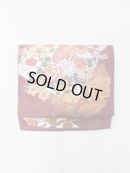 Photo2: L0706M Vintage Japanese Kimono  Dark Dark Red NAGOYA OBI sash Peony Silk. (Grade B) (2)